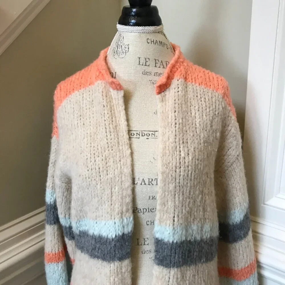 Anthropologie Sita Murt Cardigan Sweater Womens 38 Medium Cream Gray Stripe Knit - Picture 8 of 11